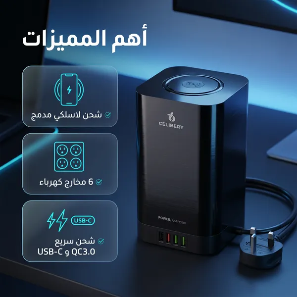 توصيلة كهرباء بشاحن لاسلكي و6 مخارج ومنافذ USB - صورة 2