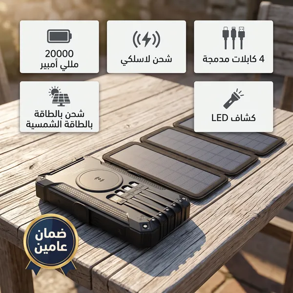 باور بنك بالطاقة الشمسية 20000 مللي أمبير بكابلات مدمجة وكشاف ليد