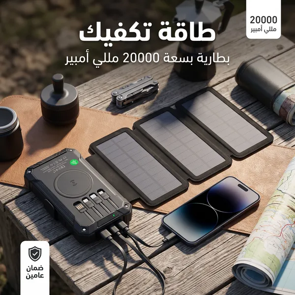 باور بنك بالطاقة الشمسية 20000 مللي أمبير بكابلات مدمجة وكشاف ليد - صورة 2