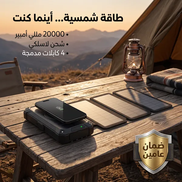 باور بنك بالطاقة الشمسية 20000 مللي أمبير بكابلات مدمجة وكشاف ليد - صورة 6